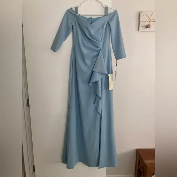 adrianna papell light blue dress Plus Size Foil Leaf Short Sleeve Gown With Draped Details In Light Blue Gold